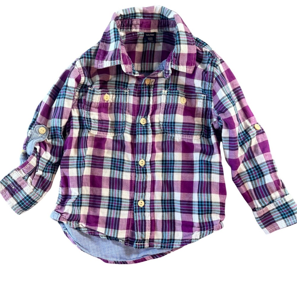 Baby Gap Toddler Boys Purple Plaid Flannel Button Down Shirt 2T Roll Tab‎ Sleeve